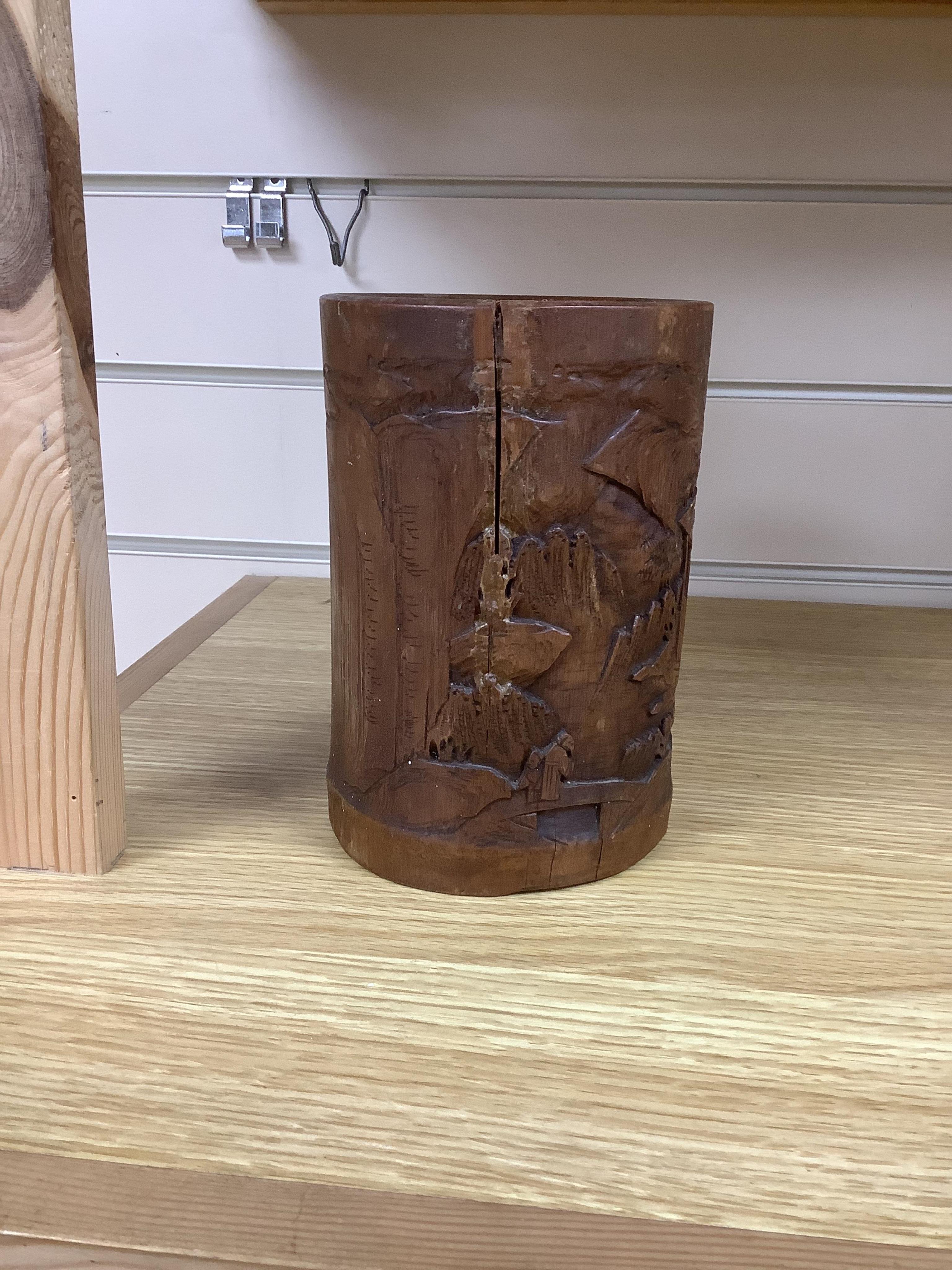 A 19th century Chinese bamboo brushpot and a rootwood and rosewood scholar's stand, root wood stand 30cm wide. Condition - some damage and repairs